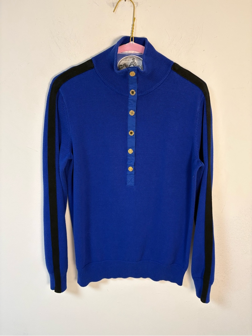 Lauren Ralph Lauren Womens Blue Cotton Blend Sweater Black Stripe Sleeve Med